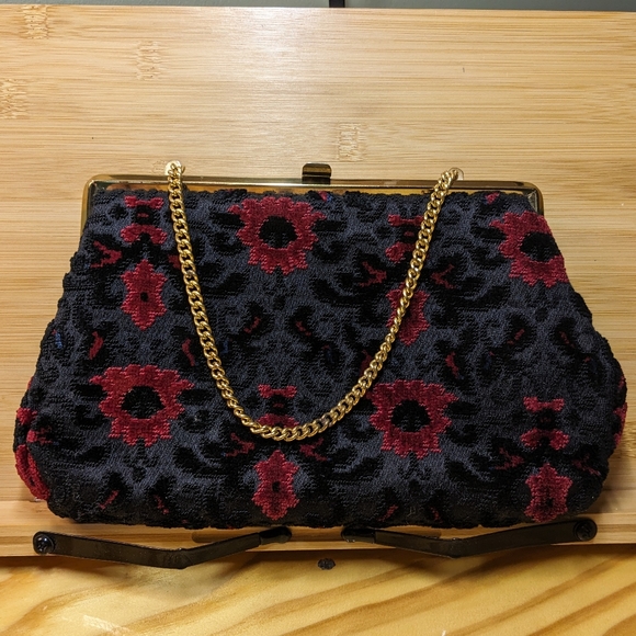 Vintage Verdi Textured Ladies Purse Black & Red Floral Design Snap Closure - Picture 3 of 6